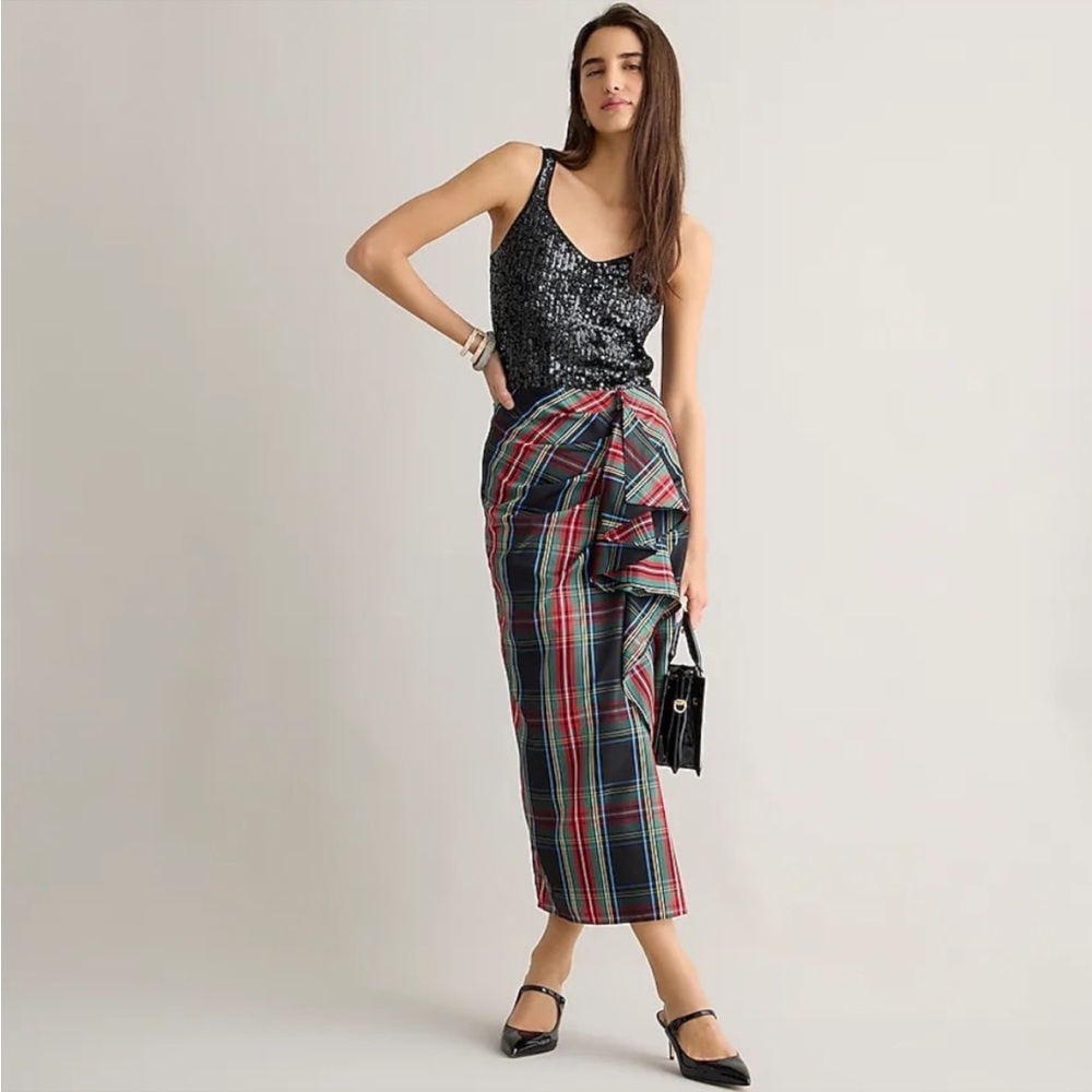 J. Crew Collection Long ruffle skirt in Satin Stewart tartan plaid